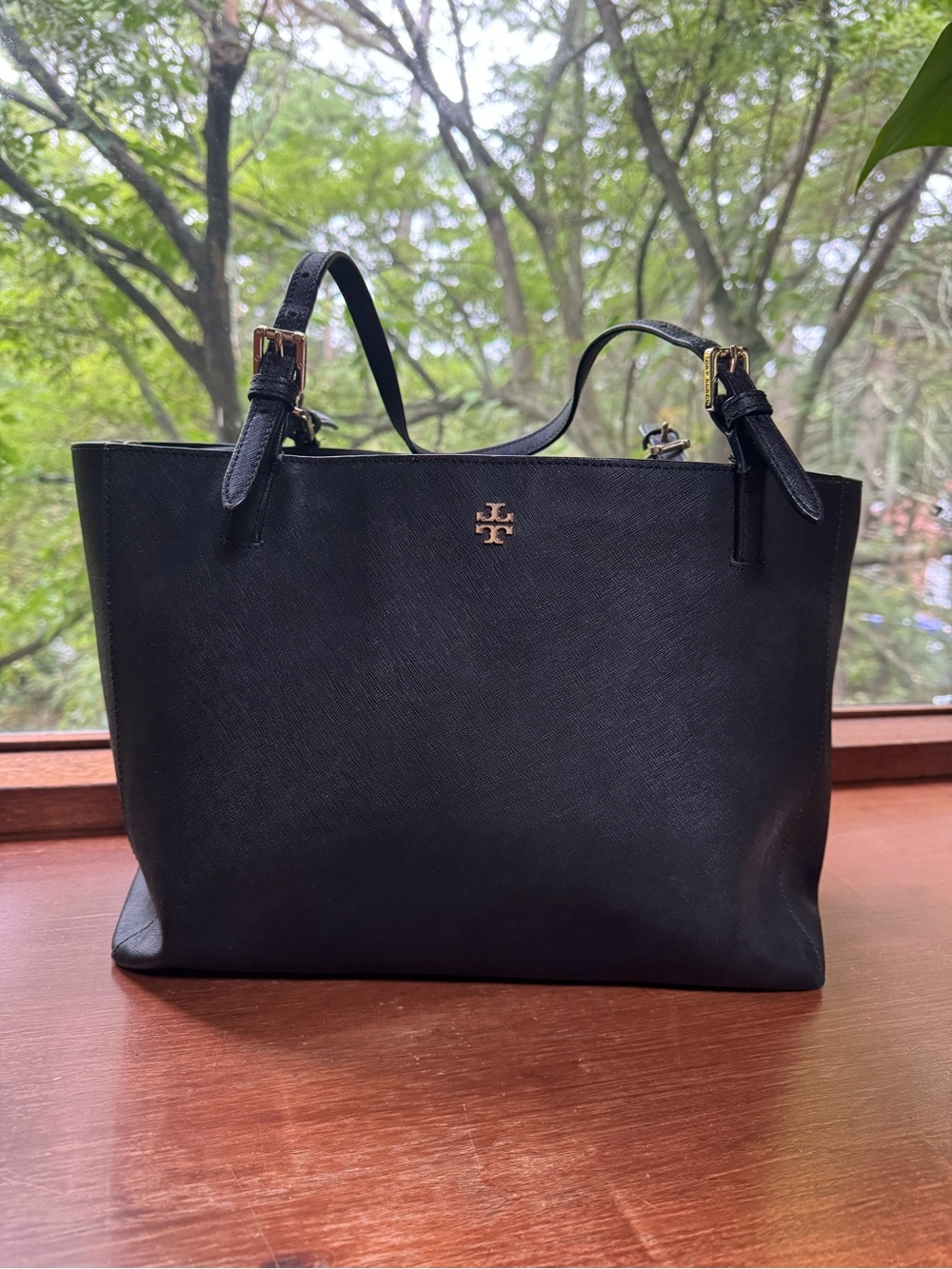 Tory Burch Black Leather Tote with Gold Logo